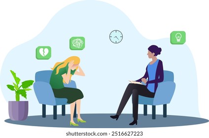 the therapist listens to the patient's problems that are causing her stress, psychologist and mental health counseling services vector illustration, Appointments With Psychiatrists