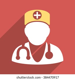 Therapist long shadow vector icon. Style is a light flat symbol on a red square button.