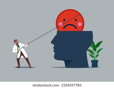 Therapist man help eliminate negative and depression  from patient head. Psychology support, help relief anxiety or depression. Vector illustration.
