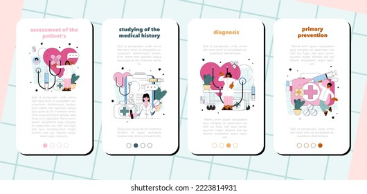 Banner de aplicación móvil terapista. Salud y prevención, tratamiento moderno de enfermedades, experiencia y diagnóstico. El médico de familia en uniforme evalúa el estado del paciente. Ilustración vectorial plana
