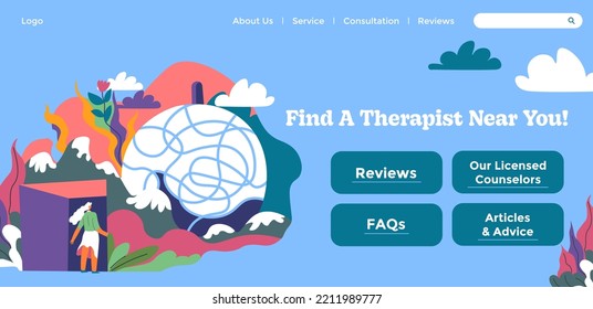 Therapist near you, find a specialist and get ready for course of self understanding and development. Solve mental question. Website landing page template, internet site. Vector in flat style