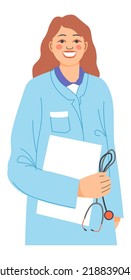 Therapist with notebook and stethoscope, isolated smiling family doctor or general practitioner portrait. Female character working in medical field, hospital or clinic staff. Vector in flat style