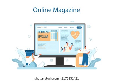 Therapist online service or platform. Healthcare, medicine treatment, expertize and diagnostic. Family doctor in the uniform. Online magazine. Flat vector illustration