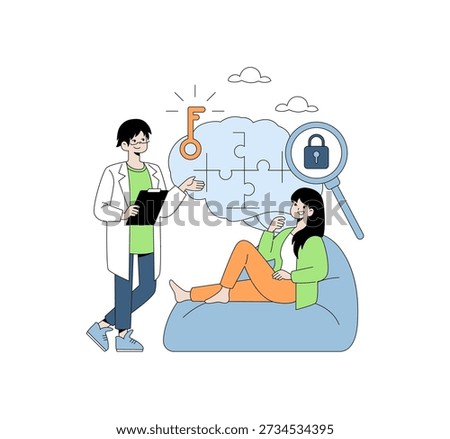 Therapist and patient engage in problem-solving therapy session with a puzzle concept in vector illustration. Depicts psychological support with key imagery emphasizing solution finding.