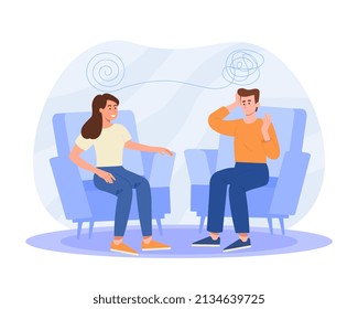 Therapist and patient. Man came to session with psychologist, internal problems. Specialist helps to unravel tangle of thoughts, taking care of mental health. Cartoon flat vector illustration