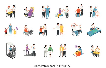 therapist with patient, medical rehabilitation activities, exercise in people with disability. flat, faceless character design set