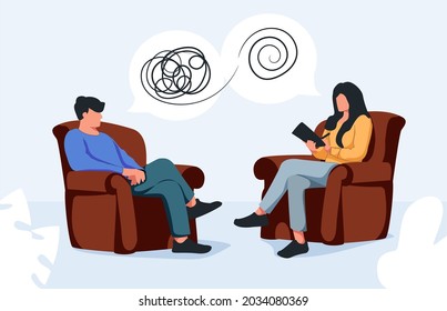 Therapist and patient talking together, she is helping him to cope with a stressful situation. Psychologist, counsellor illustration, patient and doctor therapy. Medical support, mental health, stress