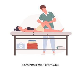 Therapeut, der Sportmassage oder Osteopathie praktiziert. Professionelle Physiotherapie zur Wiederherstellung und Rehabilitation des Körpers. Farbige Flachkartoon, Vektorgrafik einzeln auf weißem Hintergrund