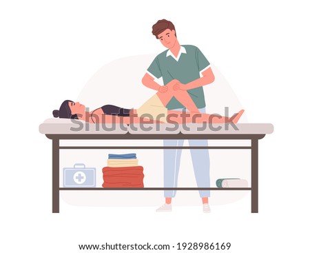 Therapist practicing sports massage or osteopathy. Professional physiotherapy for body recovery and rehabilitation. Colored flat cartoon vector illustration isolated on white background