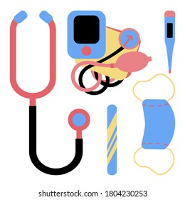 Therapist s tools. A set of objects for medical examination, treatment or diagnosis. Illustration. Flat style.