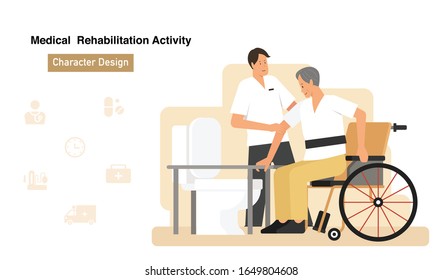 soutien psychothérapeute transfert du siège en fauteuil roulant aux toilettes, activité de réadaptation médicale dessin humoristique