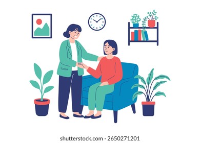 Therapist supporting woman in counseling session with indoor plants
