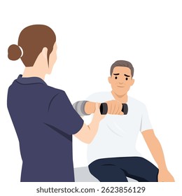 Therapist supports an older man's arm while he performs a rehabilitation exercise using a dumbbell. Flat vector illustration isolated on white background