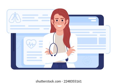 Therapist in tablet flat concept vector illustration. Online consultation. Editable 2D cartoon characters on white for web design. Female doctor creative idea for website, mobile, presentation
