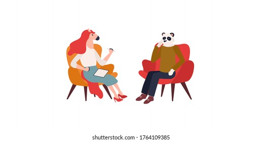 Therapist talks to the patient background. Modern illustration slider site page. Horse the therapist conducts concept. Panda patient session with a psychotherapist web banner. Vector design image.