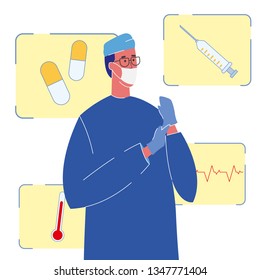 Therapist in Uniform Color Vector Illustration. Cardiologist, Surgeon. Character. Doctor in Face Mask, Gloves. Pills, Thermometer. Cardiogram, Heartbeat. Syringe. Hospital Staff. Medicine, Healthcare