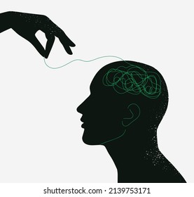 The therapist untangles the confusing thoughts and emotions in the client's head. Psychotherapy session concept. Treatment of anxiety, depression. Vector illustration