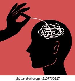 The therapist untangles the confusing thoughts and emotions in the client's head. Psychotherapy session concept. Treatment of anxiety, depression. Vector illustration