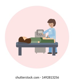 Therapist Using Ultrasound Machine To Relief Pain On Knee Patient. Physical Therapy Treatment. Vector Illustration.