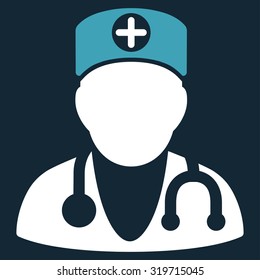 Therapist vector icon. Style is bicolor flat symbol, blue and white colors, rounded angles, dark blue background.
