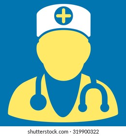 Therapist vector icon. Style is bicolor flat symbol, yellow and white colors, rounded angles, blue background.