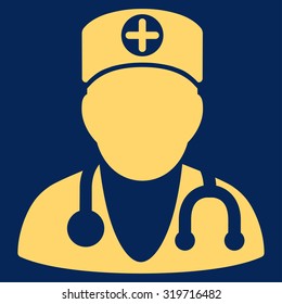 Therapist vector icon. Style is flat symbol, yellow color, rounded angles, blue background.
