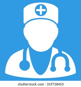 Therapist vector icon. Style is flat symbol, white color, rounded angles, blue background.