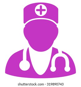 Therapist vector icon. Style is flat symbol, violet color, rounded angles, white background.