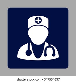 Therapist vector icon. Style is flat rounded square button, white and dark blue colors, silver background.