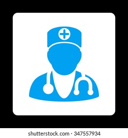 Therapist vector icon. Style is flat rounded square button, blue and white colors, black background.