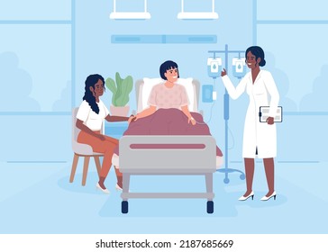 Therapist visiting sick woman in ward flat color vector illustration. Hospital treatment. Patient care. Fully editable 2D simple cartoon characters with clinic interior on background