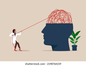 Therapist woman help eliminate chaos messy line from patient head. Mental health treatment or psychology support, help relief anxiety or depression. Vector illustration.