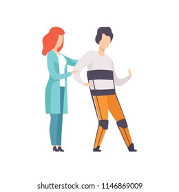 Therapist working with disabled man using orthopedic rehabilitation suit, medical rehabilitation, physical therapy activity vector Illustration