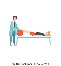 Therapist Working With Disabled Patient Lying On The Couch, Medical Rehabilitation, Physical Therapy Activity Vector Illustration