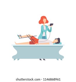 Therapist working with disabled patient and orthosis medical equipment, medical rehabilitation, physical therapy activity vector Illustration