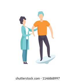 Therapist working with disabled patient using special equipment, recovery after trauma, medical rehabilitation, physical therapy activity vector Illustration