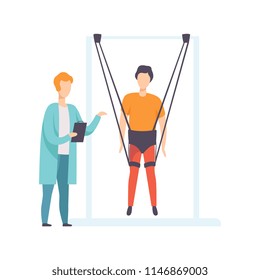 Therapist working with disabled patient using special ropes for intense body training, healthy lifestyle and rehabilitation cartoon vector illustration