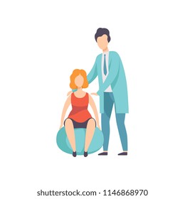 Therapist working with disabled woman and fitball, medical rehabilitation, physical therapy activity vector Illustration