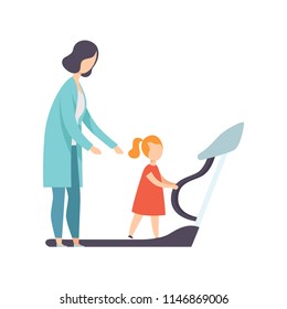 Therapist working with little girl training on treadmill, recovery after trauma, medical rehabilitation, physical therapy activity vector Illustration