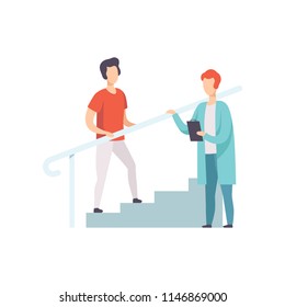 Therapist working with male patient climbing the stairs, medical rehabilitation, physical therapy activity vector Illustration