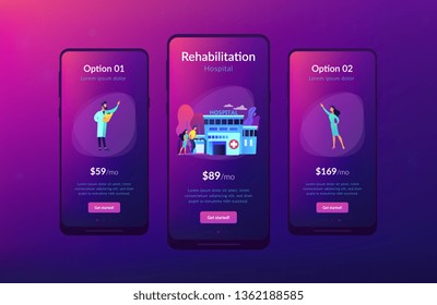 Therapist working with patient at rehabilitation center. Rehabilitation center, rehabilitation hospital, stabilization of medical conditions concept. Mobile UI UX GUI template, app interface wireframe