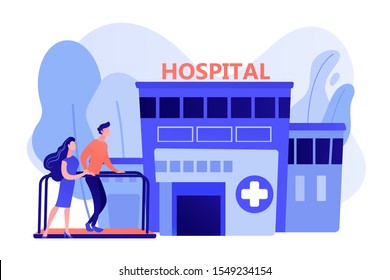 Therapist working with patient at rehabilitation center. Rehabilitation center, rehabilitation hospital, stabilization of medical conditions concept. Pinkish coral bluevector vector isolated