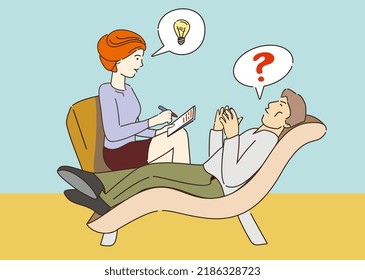 Therapist Is Writing Down Her Client's Questions And Answering Him. Psychologist And Client. Man Lying On The Therapy. Psycology. Mental Health. Councelling. 