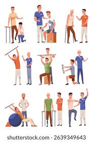 Therapists helping patients during physio therapy and rehabilitation set. Physiotherapy treatment for people with physical disabilities. Flat graphic vector illustration isolated on white background
