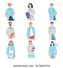 Therapists or physicians with stethoscopes and notepads taking notes in clinics or hospitals. Isolated professional nurse or cardiologist treating patients from diseases. Vector in flat style