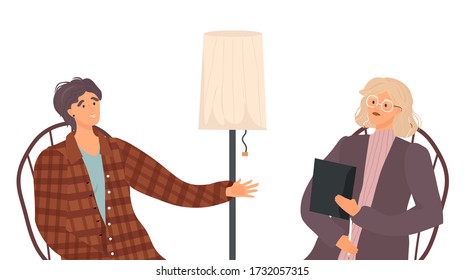 Therapy appointment. Psychotherapist woman listens to the emotional story of a female client. Crying girl in the doctor’s office. Nice vector flat illustration about 
mental health care. 