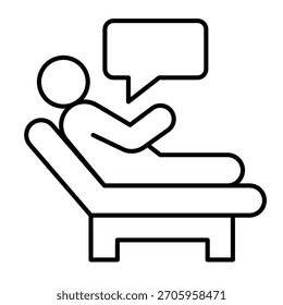 Cama de la terapia con el icono delgado de la línea del hombre paciente, concepto de la terapia. Gráficos de Vector. Consulta del psicólogo, signo de salud mental sobre fondo blanco, icono de estilo de contorno para el móvil o el Diseño web