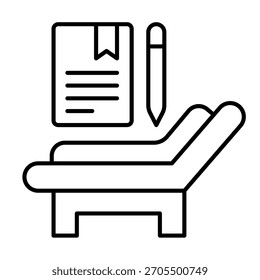Cama de la terapia y papel de prueba con el icono delgado de la línea de la pluma, concepto de la terapia familiar. Gráficos de Vector. Signo de la consulta del psicólogo en el fondo blanco, icono del estilo del contorno para el móvil o el Diseño web