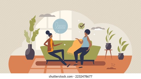 Therapy for black community or afro american mental support tiny person concept. Racial psychotherapy to fight with racism caused problems vector illustration. Meeting and talking in treatment session