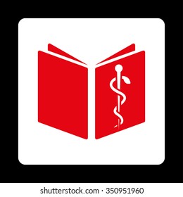 Therapy Book vector icon. Style is flat rounded square button, red and white colors, black background.